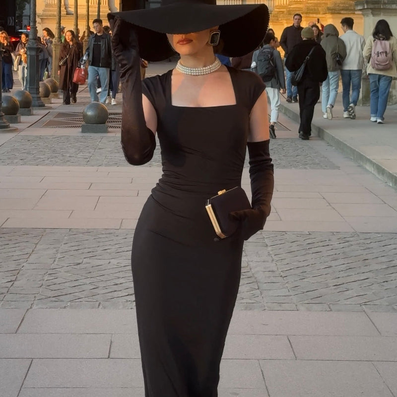 Black Square Neck Hip Wrap Midi Dress With Gloves