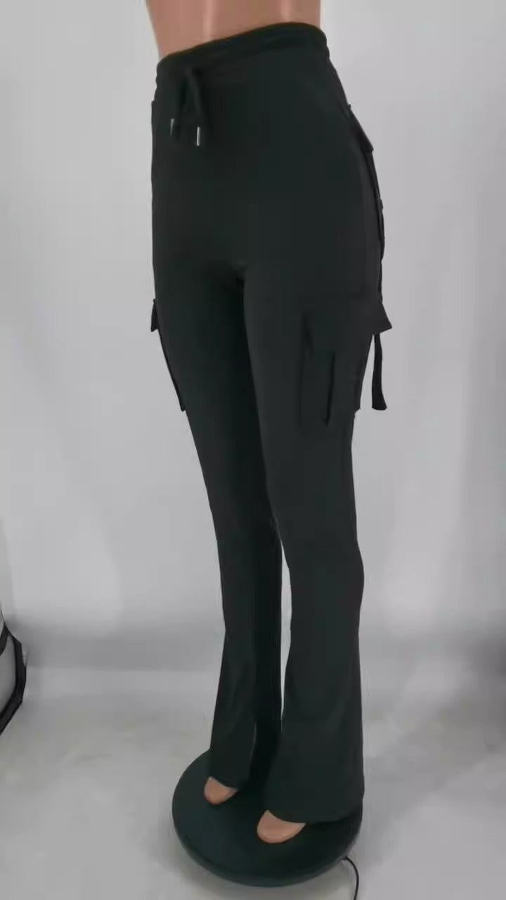 Drawstring waistband slit leg casual pants - runwayfashionista.com