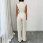 Tailored Notch-Lapel Button-Front Patch-Pocket Belted Wide-Leg Sleeveless Jumpsuit - beige