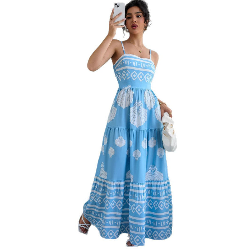 Ethnic Style Strapless Maxi Dress - light blue