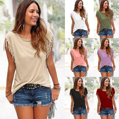 Round neck short sleeved tassel tie t-shirt top - runwayfashionista.com