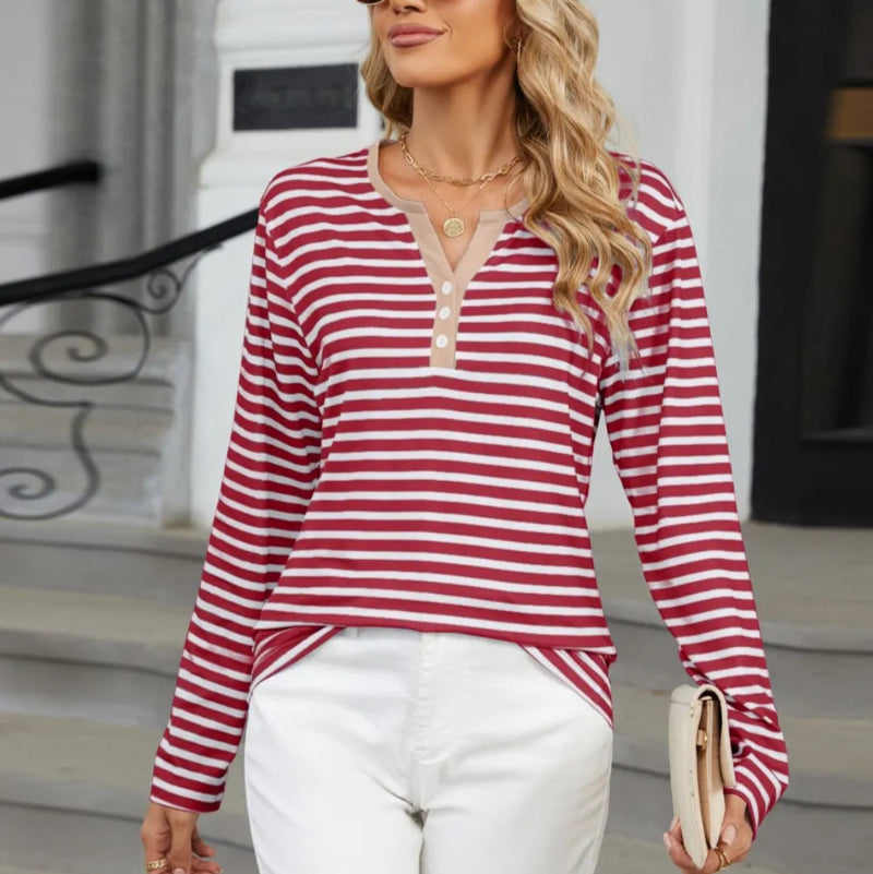 Striped Notched Long Sleeve T-Shirt - runwayfashionista.com