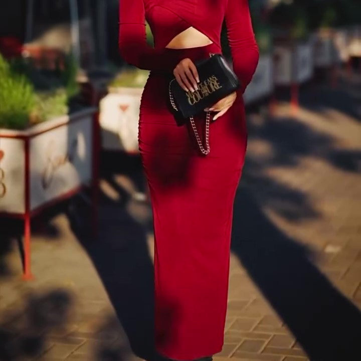 Burgundy Red Cutout Long-sleeved Bodycon Maxi Dress