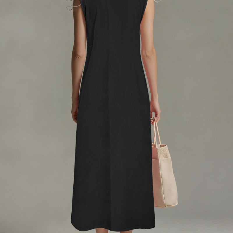 Sleeveless Stand Collar Zip Front Maxi Dress - black