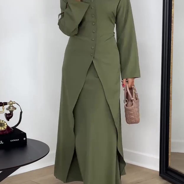 Solid Color Long Sleeve Top & Skirt Set