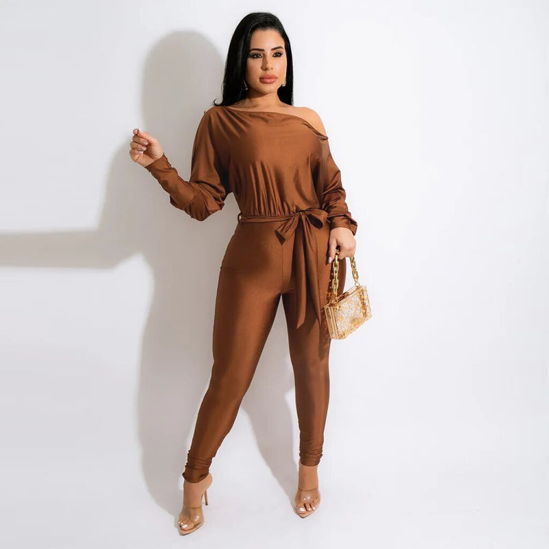 One Shoulder Lace Up Long Sleeved Jumpsuit - runwayfashionista.com