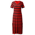 A collection of V-neck casual loose midi dresses with striped patterns and side slits, available in various colors.