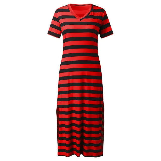 A collection of V-neck casual loose midi dresses with striped patterns and side slits, available in various colors.