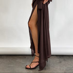 Sheer Mesh Yoke Side-Tie Ruche Front-Slit Maxi Dress