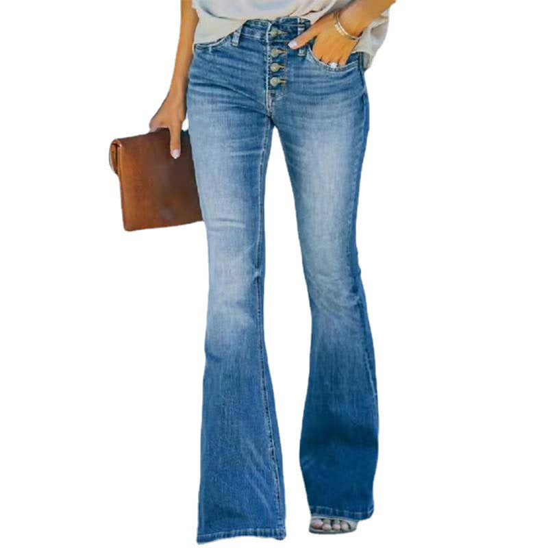 Button Micro Flare High Waist Stretch Jeans - runwayfashionista.com