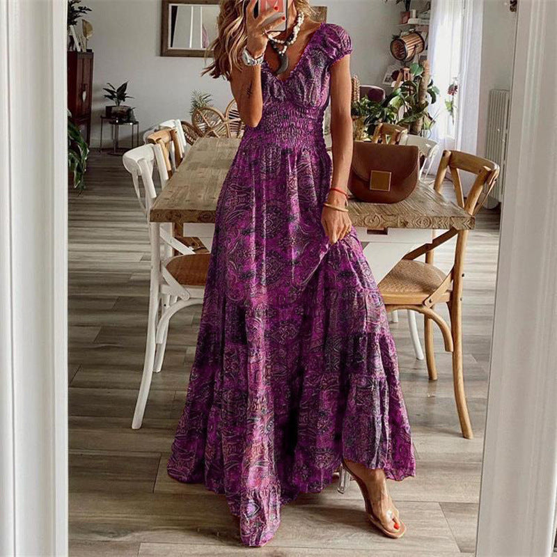 Floral Print A-Line Maxi Dresses - purple