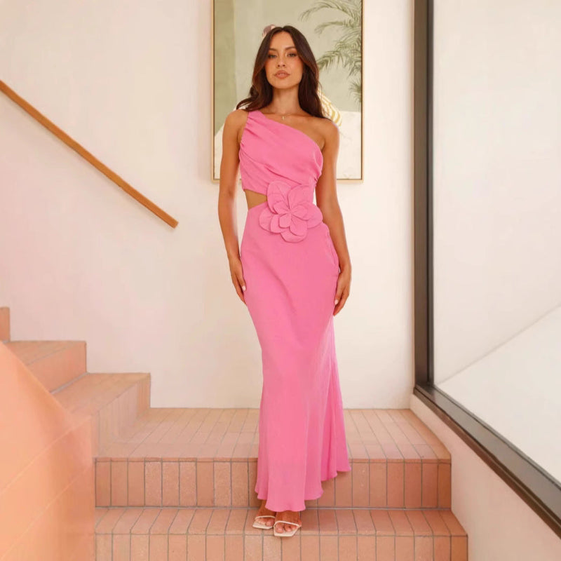 A fitted strapless midi dress in a solid color (red, yellow, or blue), designed for office wear, with a high waist.