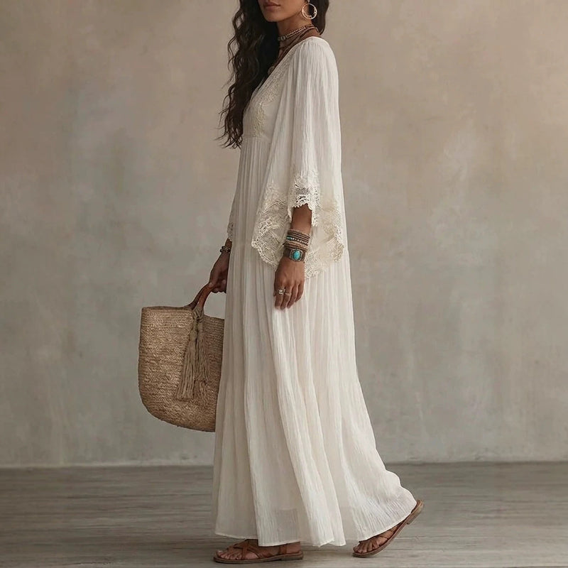 Lace-Trim V-Neck Flared-Sleeve Boho Maxi Dress - white