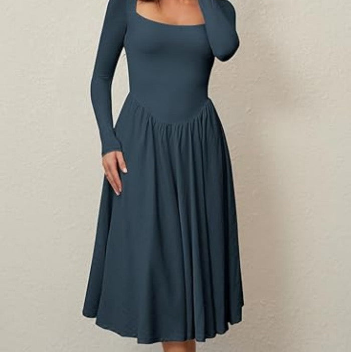 Square Neck Long Sleeve Pleated Midi Dress - blue