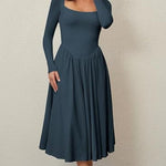 Square Neck Long Sleeve Pleated Midi Dress - blue