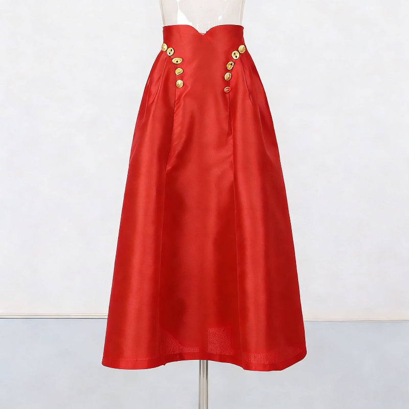 Irregularly Shaped Button-decorated Pleated Midi Skirt