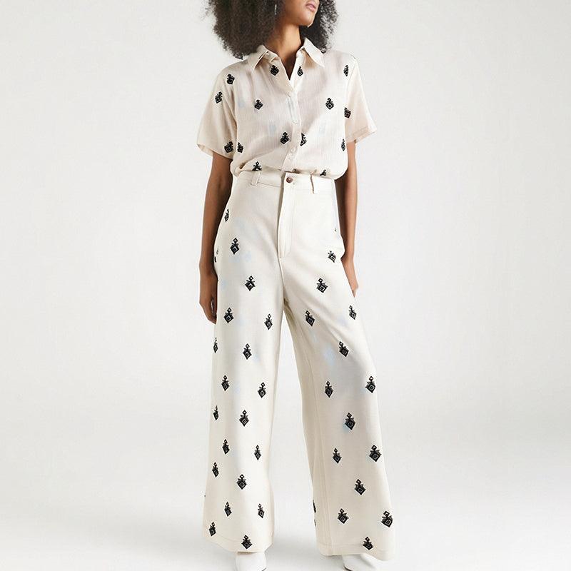 Embroidered Wide Leg Pants Set