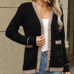 Contrast Trim Button Up Long Sleeve Cardigan - runwayfashionista.com