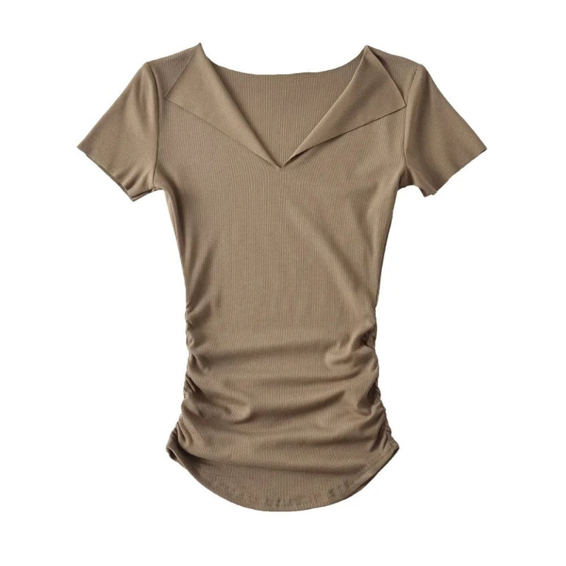 Half open solid color threaded short sleeved shirt