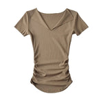 Half open solid color threaded short sleeved shirt