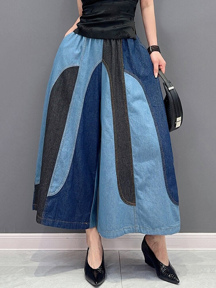 Casual Patchwork Elastic Waist Wide Leg Pants - runwayfashionista.com