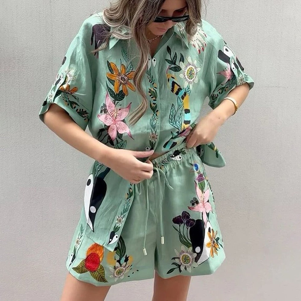 Lapel Shirt Shorts Two Piece Set