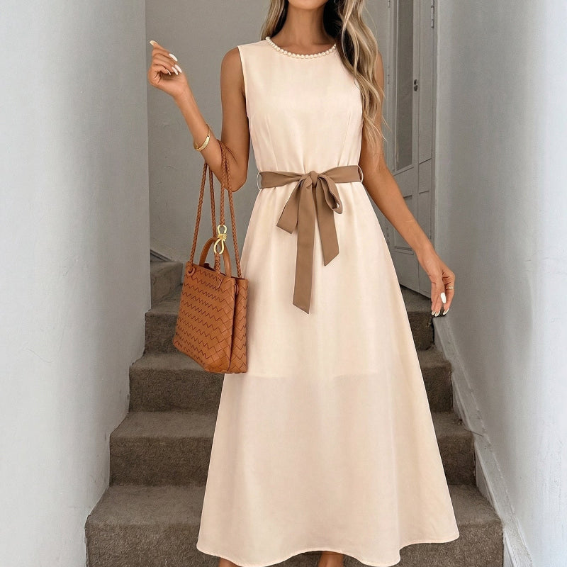 Pearl Neck Sleeveless Self-Tie Belt A-Line Midi Dress
