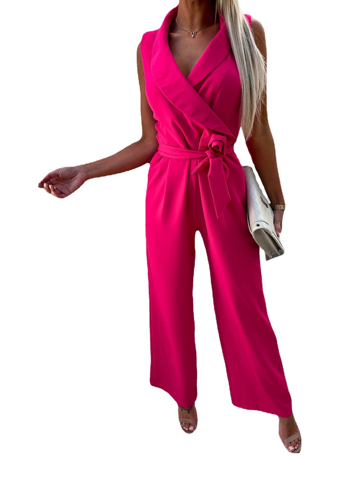 Sleeveless high waisted tie up straight leg Jumpsuit - runwayfashionista.com