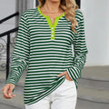 Striped Notched Long Sleeve T-Shirt - runwayfashionista.com