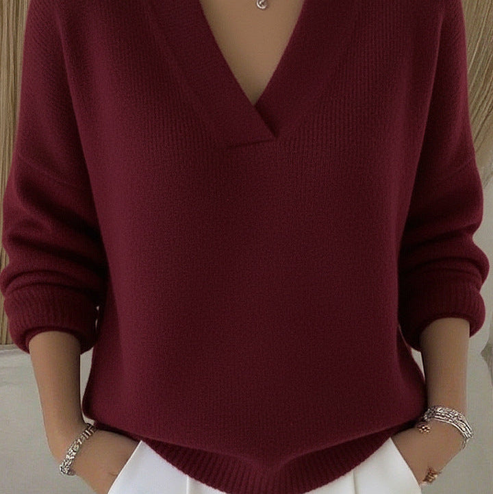 Elegant Soft V-neck Knit – Chic Long Sleeve Style - burgundy