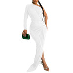 Asymmetrical Neck Single Long Sleeve Maxi Dress with Pleats - white