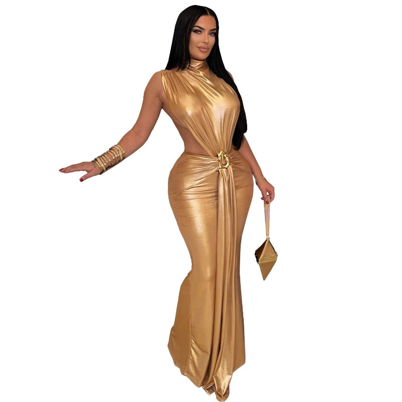 This sleek high-neck midi dress commands attention with its bold, sleeveless design—perfect for making a daring statement.