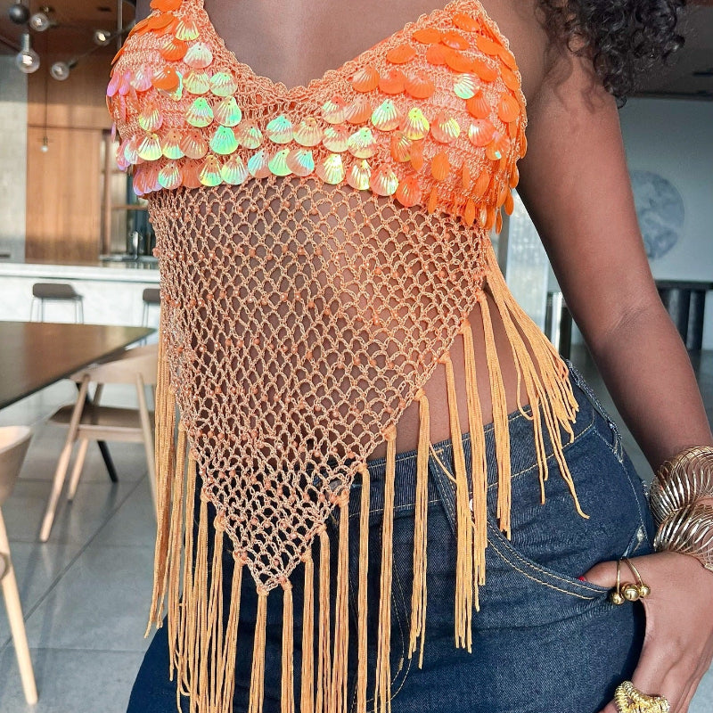 Sequined Tassel Camisole Top