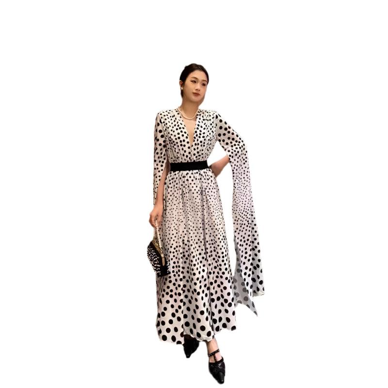 V-neck polka dot Long sleeved dress