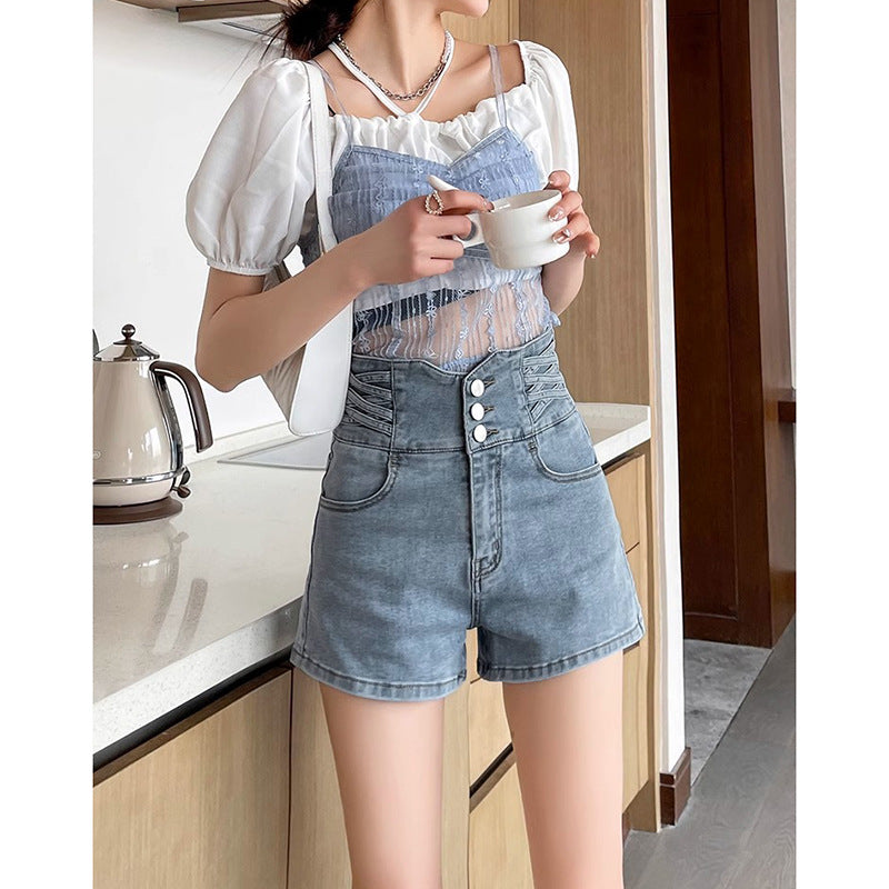 Casual Buttoned Denim A-Line Shorts