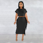 Round Neck Short Sleeve Long Dress Two-Piece Set - Dark Blue