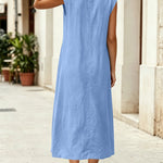 Sleeveless Stand Collar V-Neck Pocket Split Midi Dress - blue