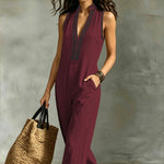 V-Neck Contrast-Trim Sleeveless Wide-Leg Jumpsuit - maroon