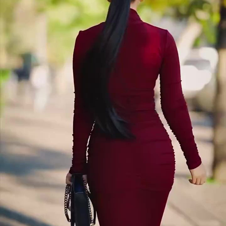 Burgundy Red Cutout Long-sleeved Bodycon Maxi Dress