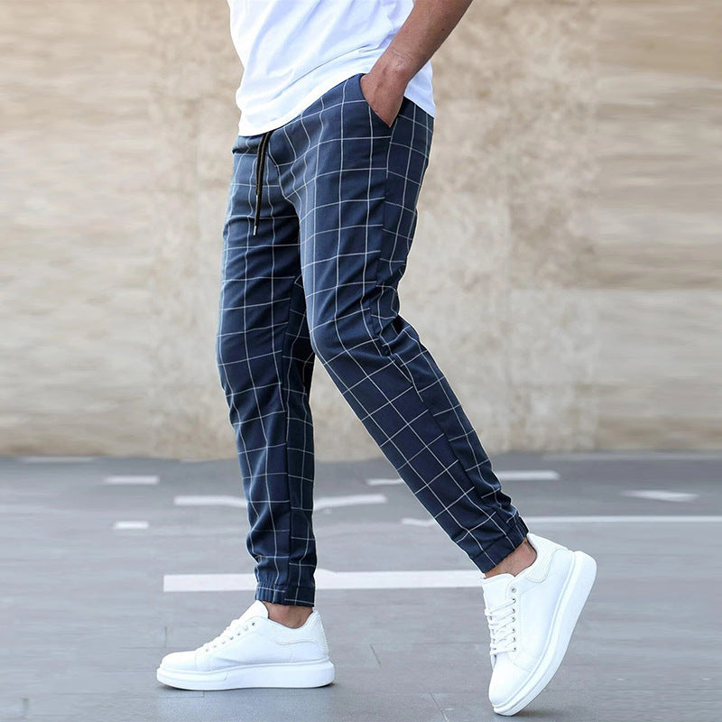 Men's Windowpane Check Drawstring Pants - dark blue