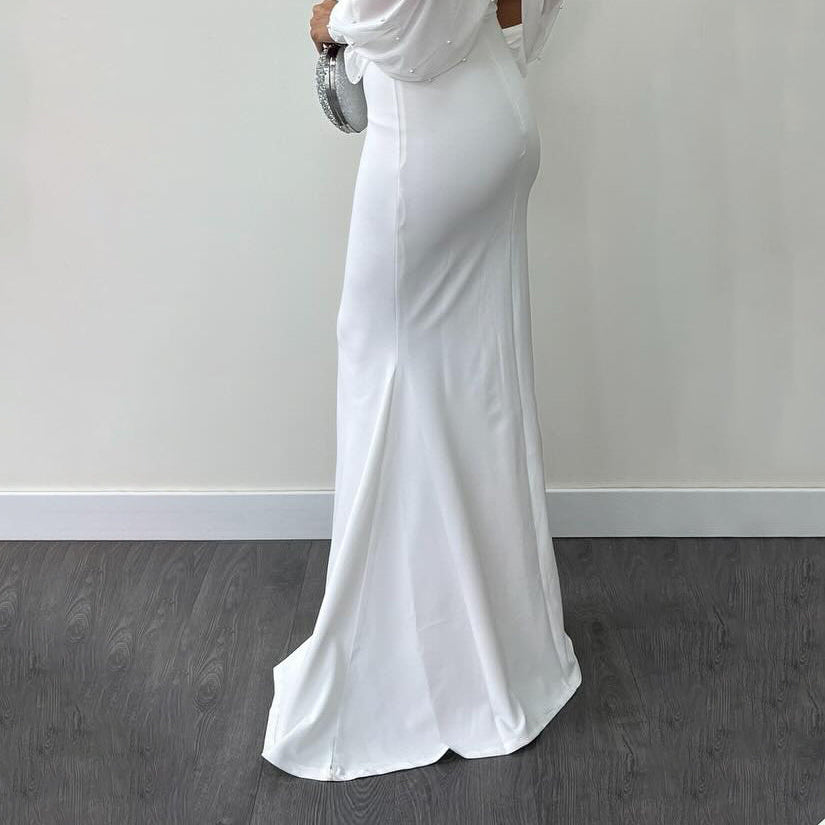Halter Neck Mesh Beaded Suspender Maxi Dress Two-piece Set - whte
