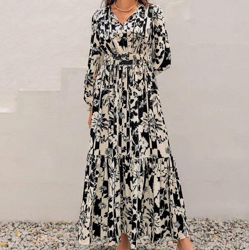 Smocked Printed Tie Neck Long Sleeve Dress -runwayfashionista.com