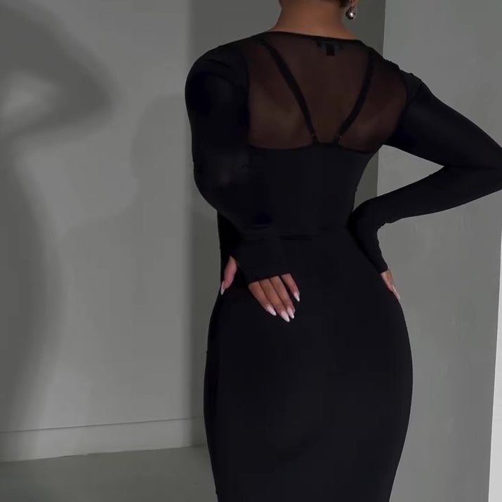 Black Bodycon Midi Dress With Rhinestone Chain Detail And Mesh Sleeves