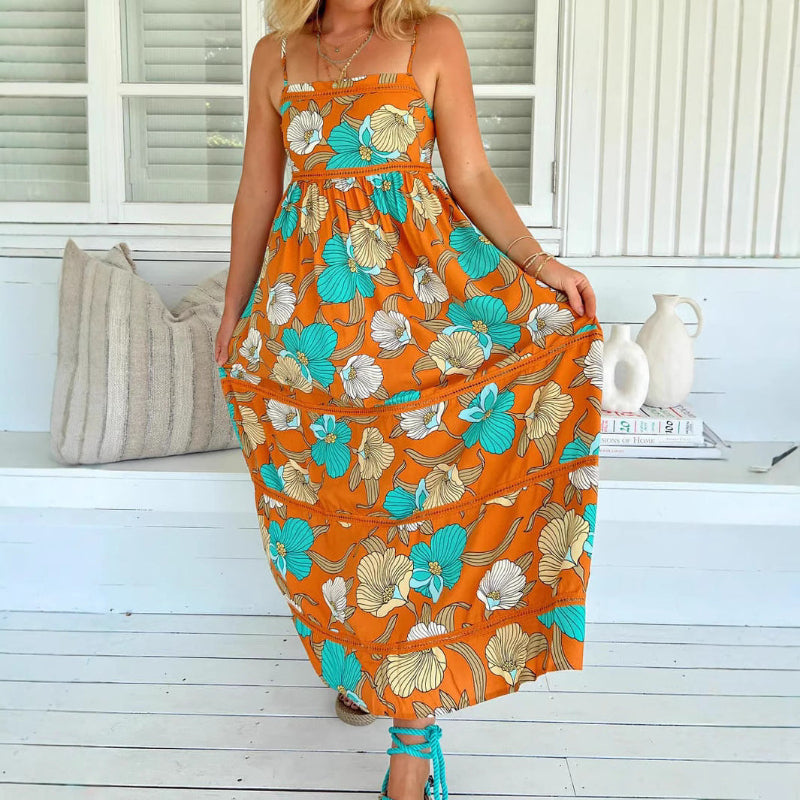Bohemian Strap Leaf Print Maxi Dress - Orange