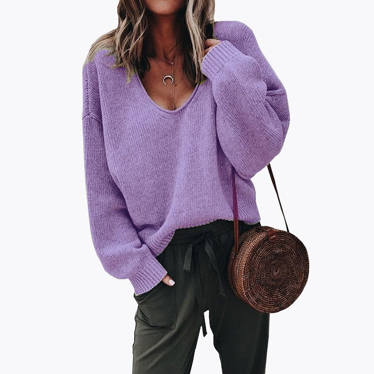 Sweater V-neck Long sleeved Loose Pullover - runwayfashionista.com