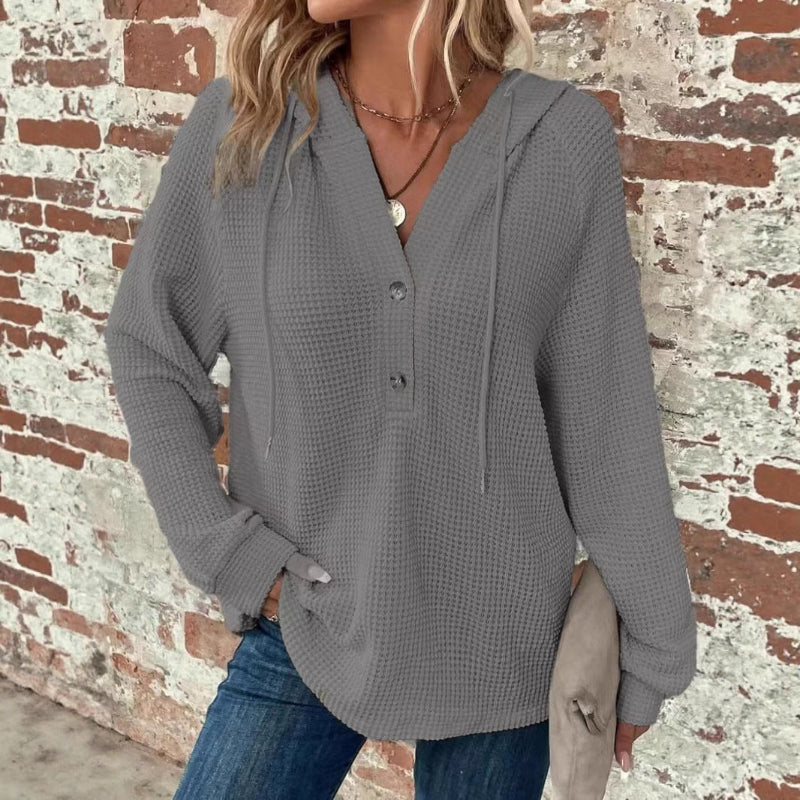 Long-sleeved Drawstring V-neck Hooded Sweater - grey