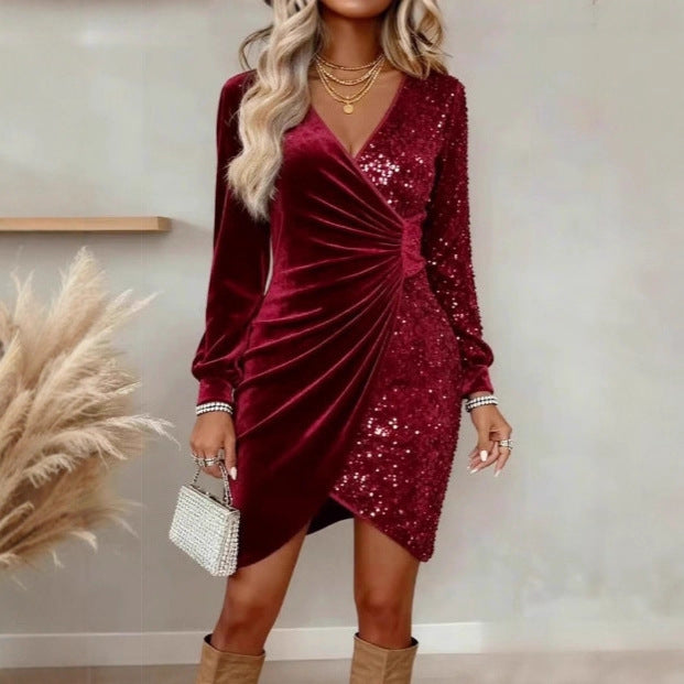 V-neck Sequin Velvet Bodycon Dress