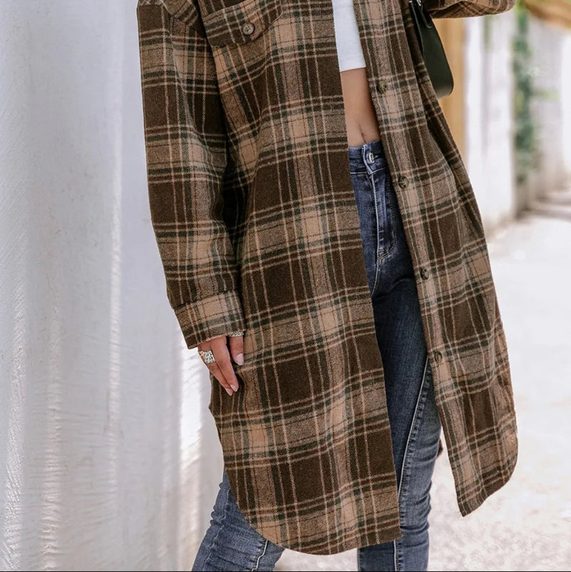 Plaid Button Up Long Sleeve Shacket - runwayfashionista.com
