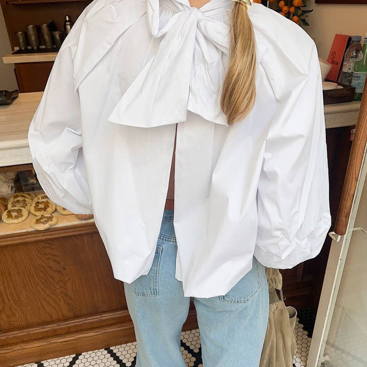Puff-sleeved Backless Stand-collar Blouse