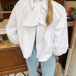 Puff-sleeved Backless Stand-collar Blouse